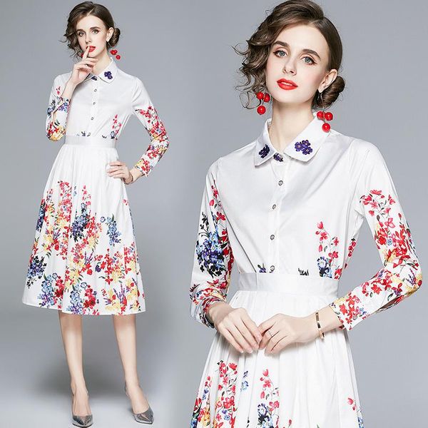 

casual dresses white designer runway 2021 vestido midi elegante fashion floral print button shirt dress 2 piece set, Black;gray
