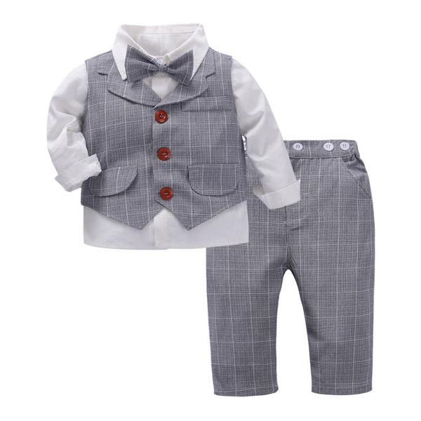 

clothing sets kid boys formal white shirt + grey vest pants suits 1 2 3 4 5 6 years cardigan button children outfit