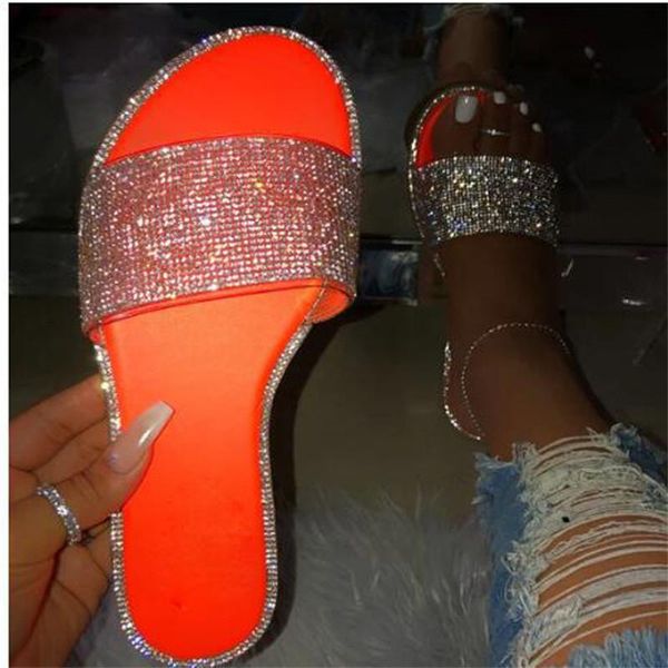 

women's summer diamond flat slippers female candy color beach flip flops ladies glitter slides wholesale bling outdoor sandals, Black