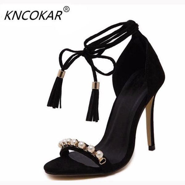 

in 2021, fashion women's sandal pearl high runway model, missing toe tassel, 35-40 cross bandage heel sandals, Black