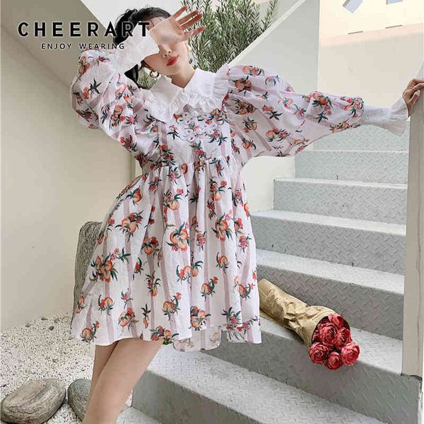 

peter pan collar spring dresses for women long sleeve frog button knee length korean style print cute dress 210427, Black;gray