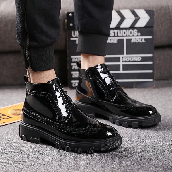 

boots british design men wedding party dress patent leather bullock shoes carved brogue oxfords shoe platform ankle mans botas, Black