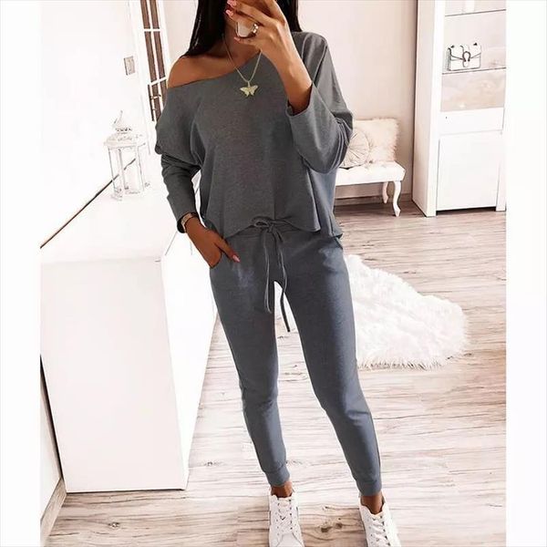 

2 pieces leggings womens pants off shoulder pullover long sleeve autumn winter legging tracksuits outfits suits, White