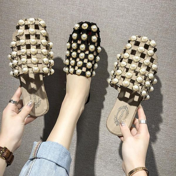 

slippers summer flat women shoes woman low heels slides solid rivet pearl beach hollow slip on ladies pantufa scarpe, Black