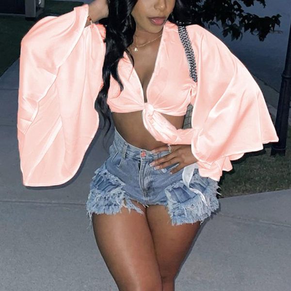 

women's blouses & shirts 2021 fashion women stain v neck flare sleeve tie front design crop top, White