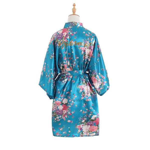 

women's sleepwear cherry blossoms floral kimono acid blue robe satin bridal gold word bridesmaid wedding robes bathrobe for women, Black;red