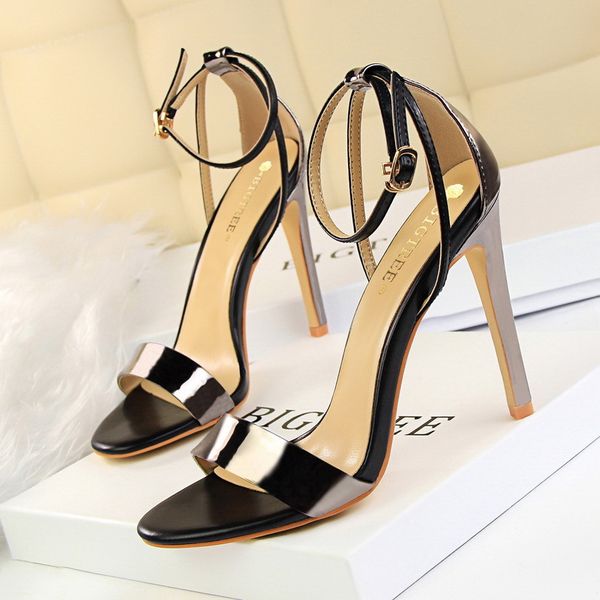 

pu leather high heels 2021 new women heels stiletto heels 11 cm party shoes color matching women sandals, Black