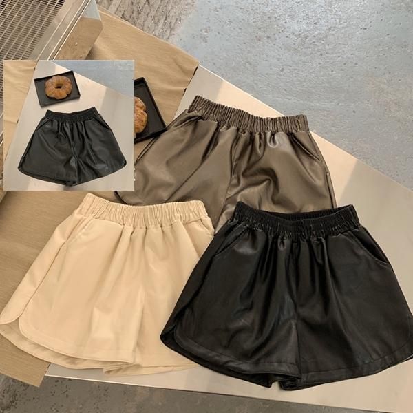 

aurkrrvn women's summer leather shorts england casual elastic waist pu woman candy color party office lady bottoms 2021, White;black