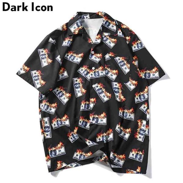 Dark Icon Flame Camicie da dollaro USD da uomo Colletto rovesciato estivo Streetwear da uomo Hip Hop 210721