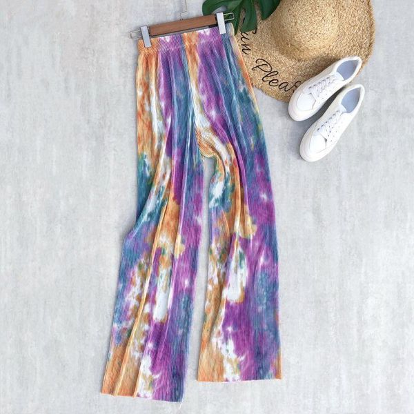 

women's pants & capris summer broad-legged trousers tie dye thin drape casual pleated ankle length, Black;white