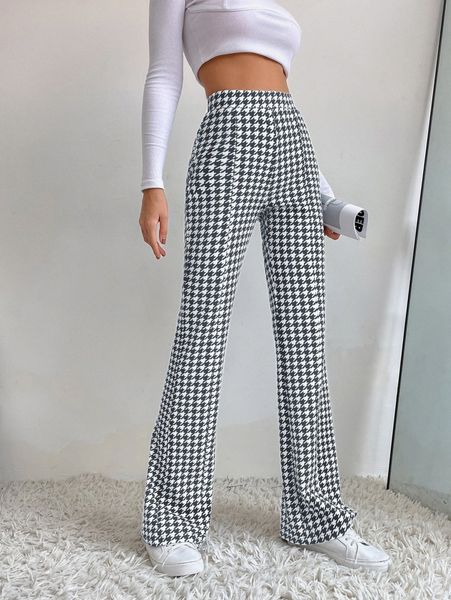 

high waist houndstooth flare leg pants b5tp#, Black;white