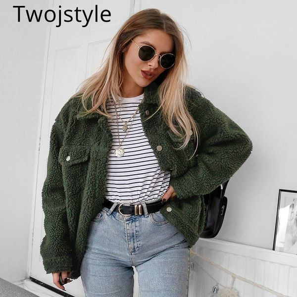 

women's jackets twojstyle winte warm jacket women cute teddy khaki oversized faux fur slim army green coats outwear female korean style, Black;brown