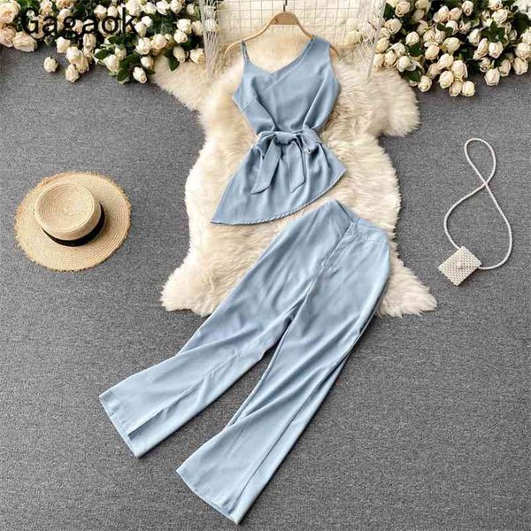 

office lady two piece set women summer korean simple fashion outfits skew collar solid + wild pants 210531, White