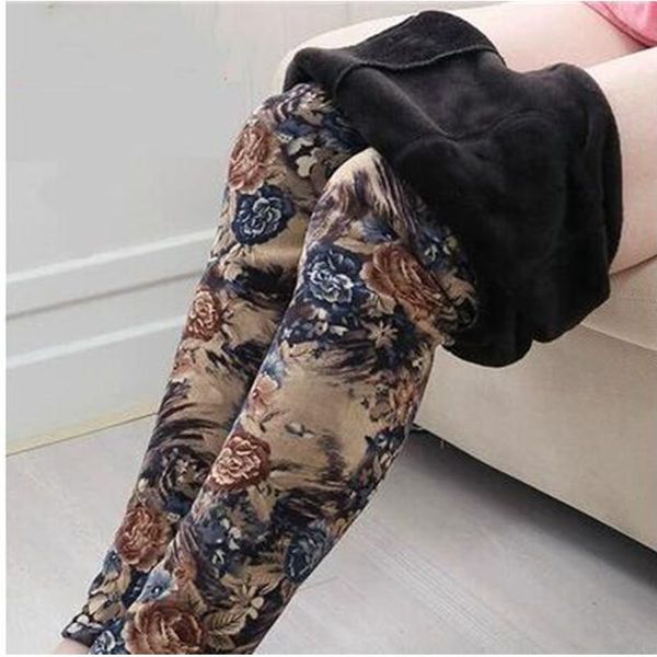

women's pants & capris autumn winter high elasticity plus velvet leggings female size fleece trousers flower print pencil, Black;white