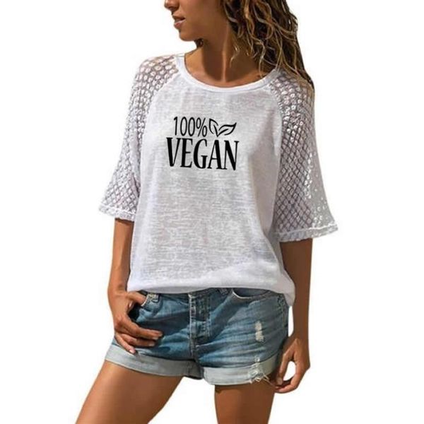 

women's t-shirt summer 2021 women lace crew neck 100% vegan letters print 3/4 sleeve harajuku plus size, White