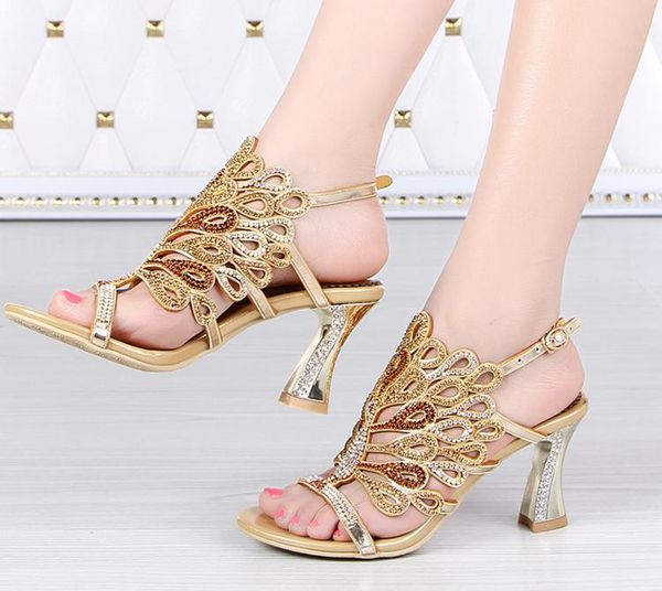 

wedding shoes 3 inches heels gold blue summer sandals rhinestone chunky heel genuine leather prom evening party dress, Black
