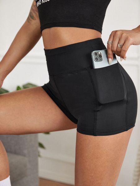 

wide waistband phone pocket biker shorts m9kq#, Black