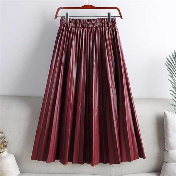 

tigena faux leather midi skirt women autumn winter vintage solid pu a line high waist pleated knee length female 211119, Black