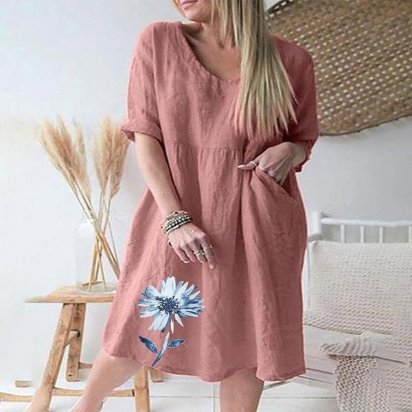 

casual dresses women's half sleeves v-neck print summer dress high waist plus size mini cotton linen vintage floral loose, Black;gray