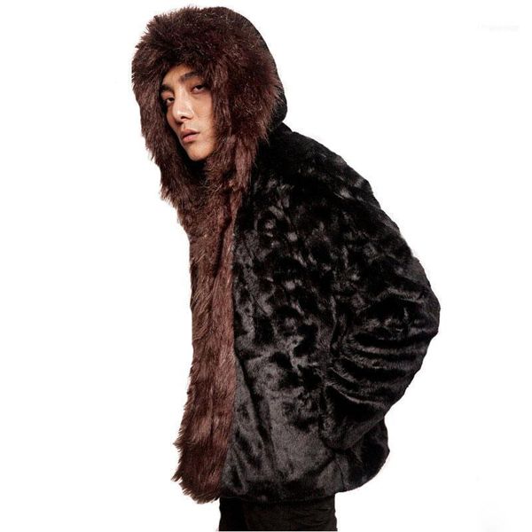 

autumn and winter men's imitation water fur coat 2021 slim hooded casual leather jacket artificial 5xl1, Black