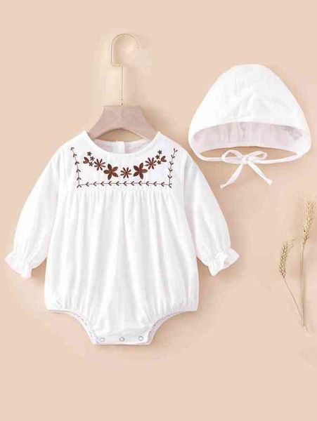 

baby floral embroidery bishop sleeve bodysuit with hat she, Blue