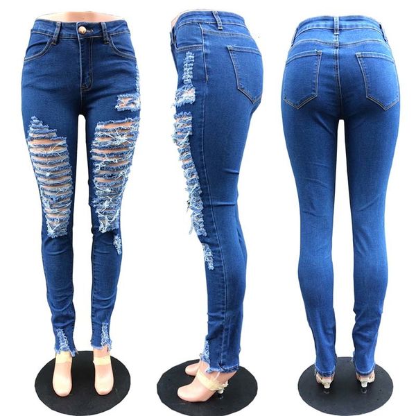 

women skinny ripped holes jeans fashional push up middle waist pants casual slim fit long pant female trousers, Blue