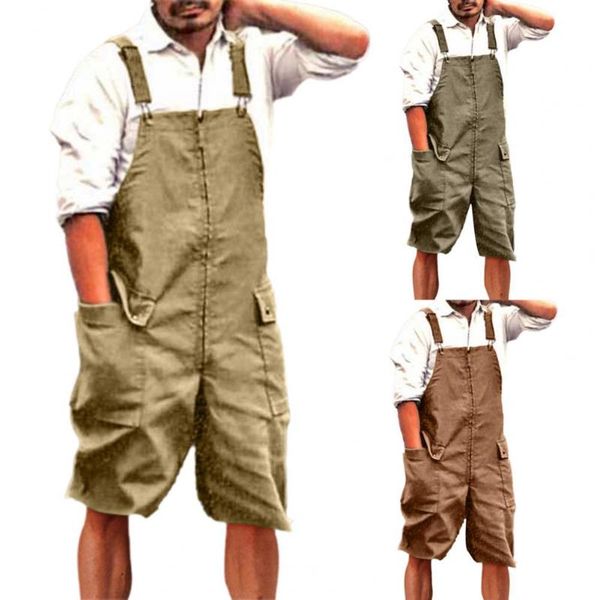 

men's pants vintage bib jumpsuit sleeveless large pockets thin solid color men romper, Black