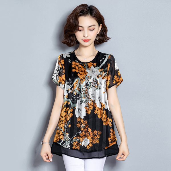 

women summer blusas femininas elegante plus size l-5xl short-sleeved printed chiffon blouse shirts 619f 210420, White