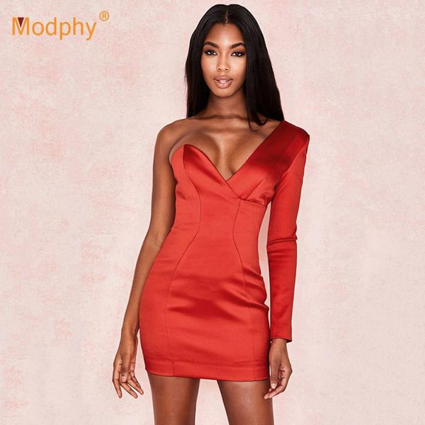 

casual dresses elegant one shoulder bodycon mini dress red long sleeve women's club evening party women 2021 fashion clothes, Black;gray