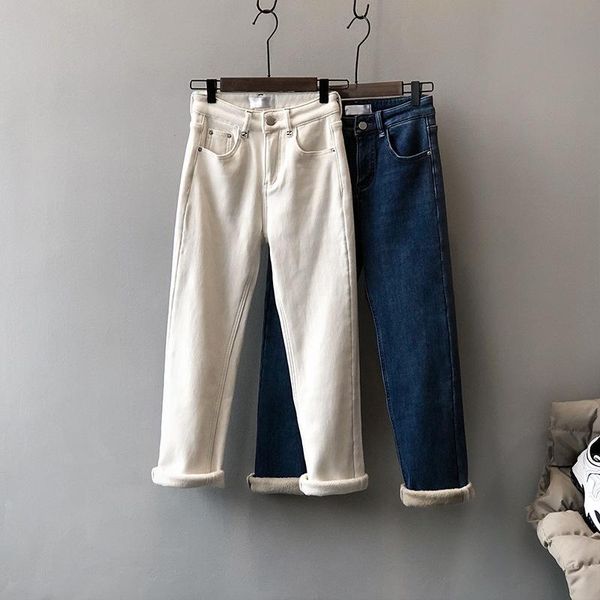 

women's jeans high waist fuzzy lined straight white / blue
