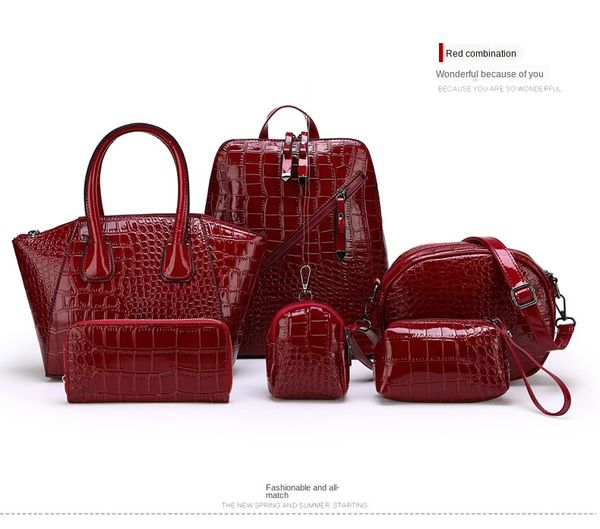 

6pcs/set vintage alligator patent leather evening bags women purses and handbag female fashion large capacity shoulder bag big totes