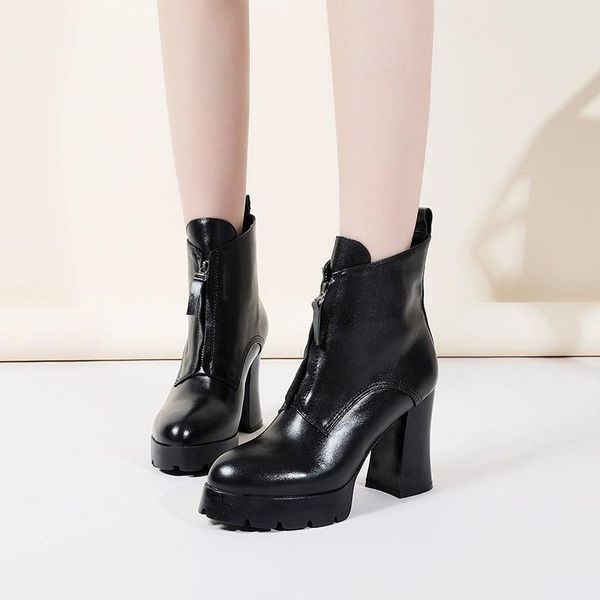 

boots brand zipper woman front round toe botas high heels botines autumn winter thick genuine leather riding bootie, Black