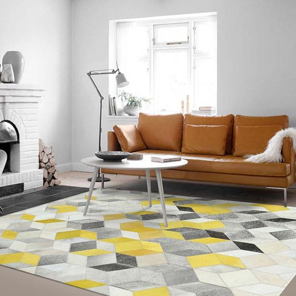 

cowhide patchwork fur block three-dimensional effect rug carpet geometry living room sofa bedroom hand-stitched leather carpets