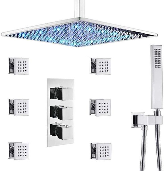 

upscale shower set thermostatic systems with body jets 12" led rain showerhead and handheld combo set,chrome bathroom sets