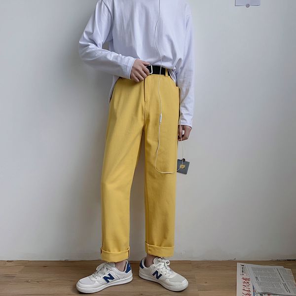 

men's pants korean style solid color casual fashion trend yellow straight popular loose streetwear trousers m-3xl cztm, Black
