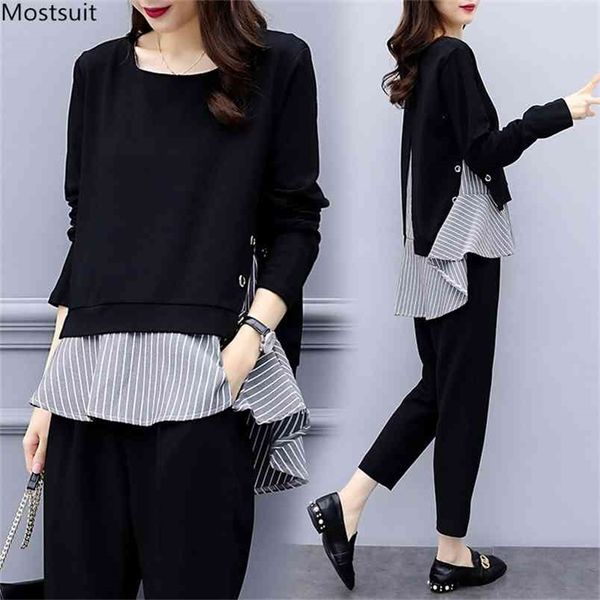 

black two piece set women striped splicing long sleeve and harem pants sets casual office korean ladies suits sale 210513, White