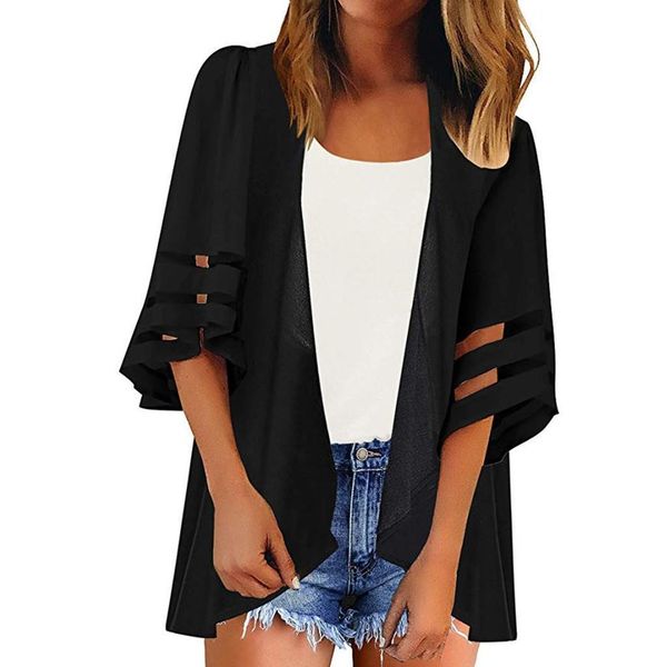 

summer women shirts kimono cardigan mesh panel 3 4 bell sleeve pure color chiffon casual loose cover up blouse, White