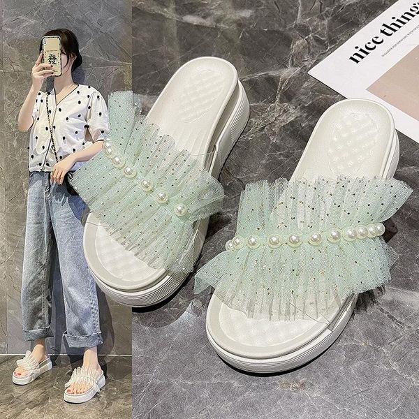 

slippers casual lace women's shoes with platform pantofle low slides string bead luxury 2021 soft summer rome leisure pu rubber, Black