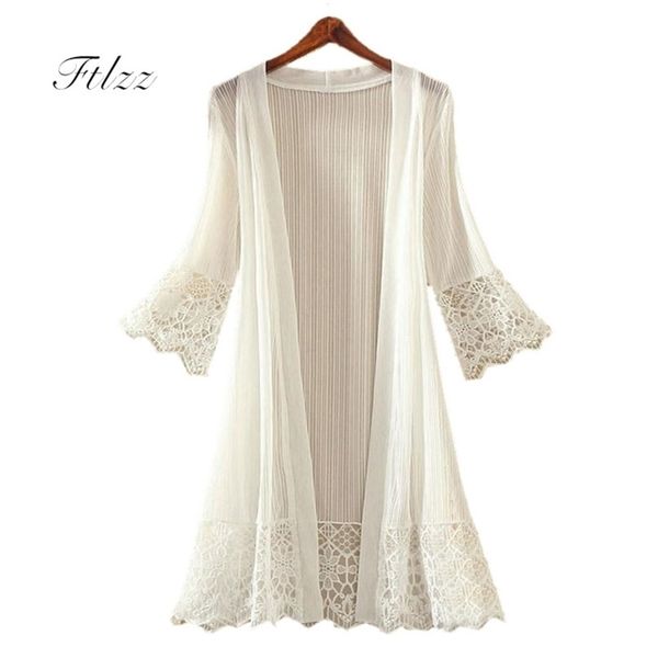

women patchwork lace jacket summer fashion causal 3/4 sleeved transparent long jackets ladies slim cardigan coats 210602, Black;brown