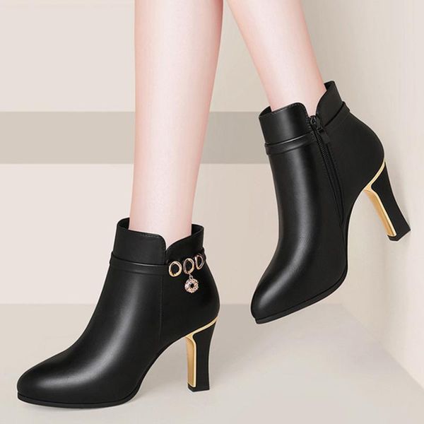

boots 2021 autumn & winter high-heeled women's pointed toe thin heel smooth hard-wearing concise shoes lady, Black
