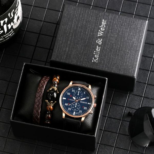 

wristwatches practical male watch gift box quartz rose gold case leather watchband men's wrist bracelet chain birthday gifts set for da, Slivery;brown