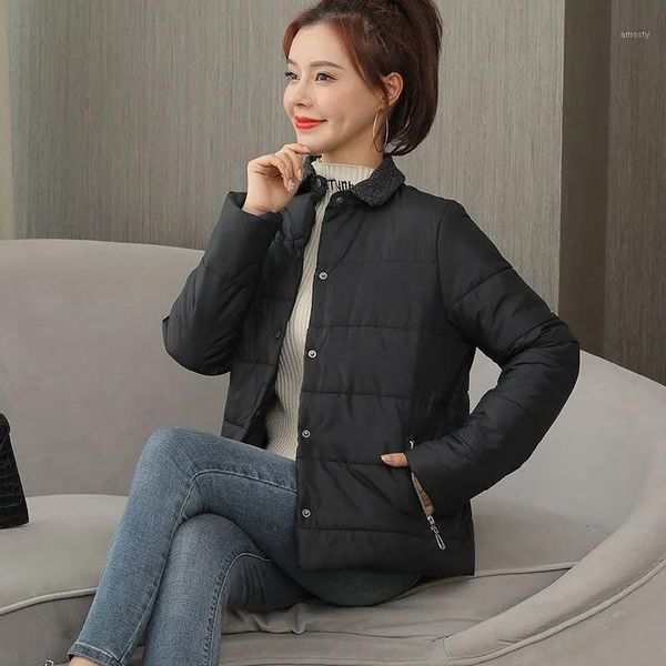 

women's down & parkas elegant padded jacket winter lapel thicken warm loose female parka 2021 single breasted casual ladies overcoat, Black