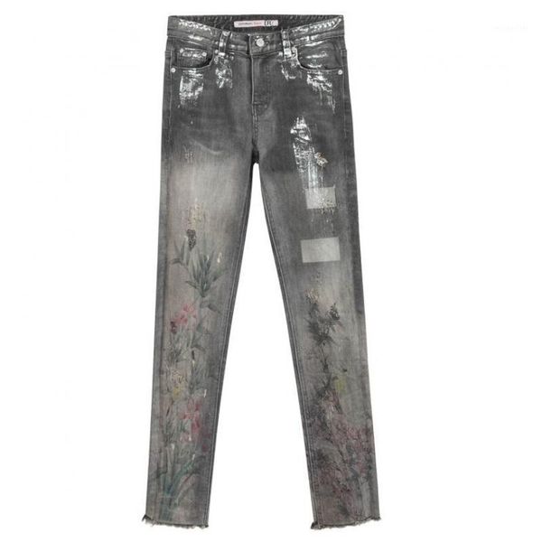

summer fall casual womens printed floral pattern stretch ripped denim trousers , female women tassel painted jeans pencil pants women's, Blue