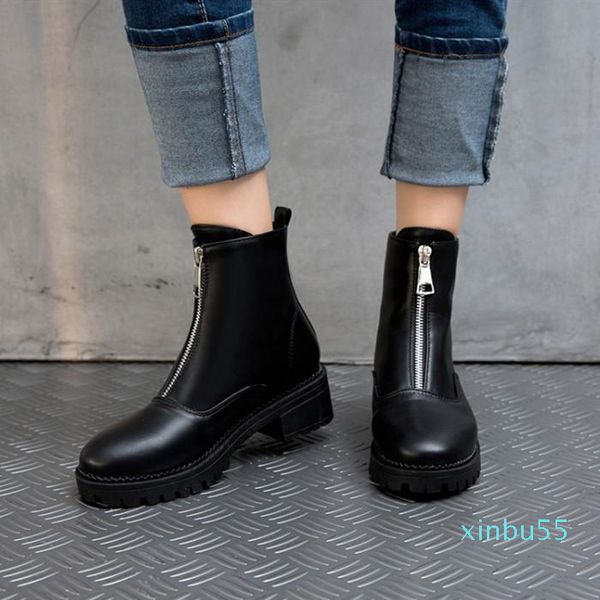 

boots women ankle front zipper round toe chunky med heels combat punk rock gothic short autumn winter shoes, Black