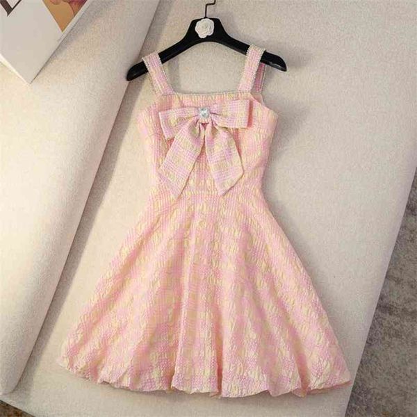 Coreano Doce Rosa Manta Sem Mangas Sexy Princesa Dress Mulheres Cintura Alta Cintura A-Linha Boho Beach Festa Casual Robe Femme 210514