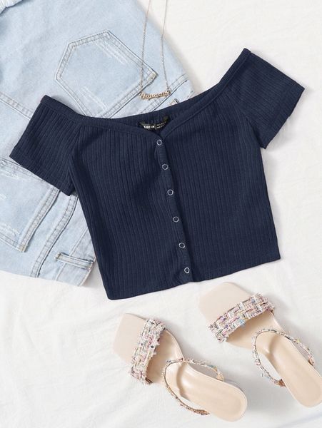 

off shoulder buttoned front rib-knit 05kl#, White