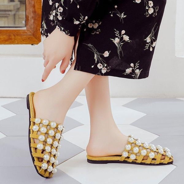 

sandals soft leather woven slippers women summer pearl flat heels beach casual slides shoes woman outdoor flip flops cdy6, Black