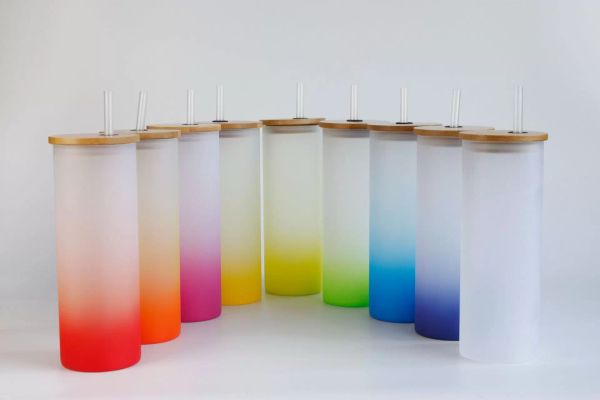 

17oz sublimation glass tumbler blank frosted glasses water bottle gradient colors printing tumblers with bamboo lid & straw