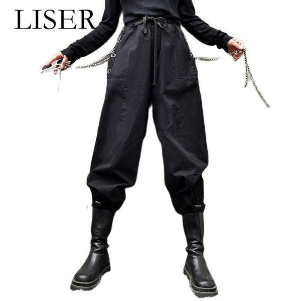 

women's pants & capris autumn fashion black women cargo loose casual high waist wide leg 2021 trend thin drawstring ll86, Black;white