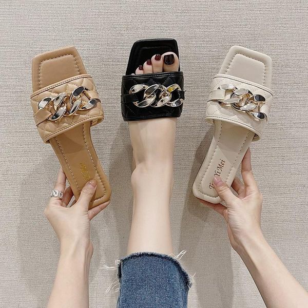 

slippers women summer shoes slides rivet pantofle fashion 2021 luxury flat metal decoration basic pu woman's luxu, Black